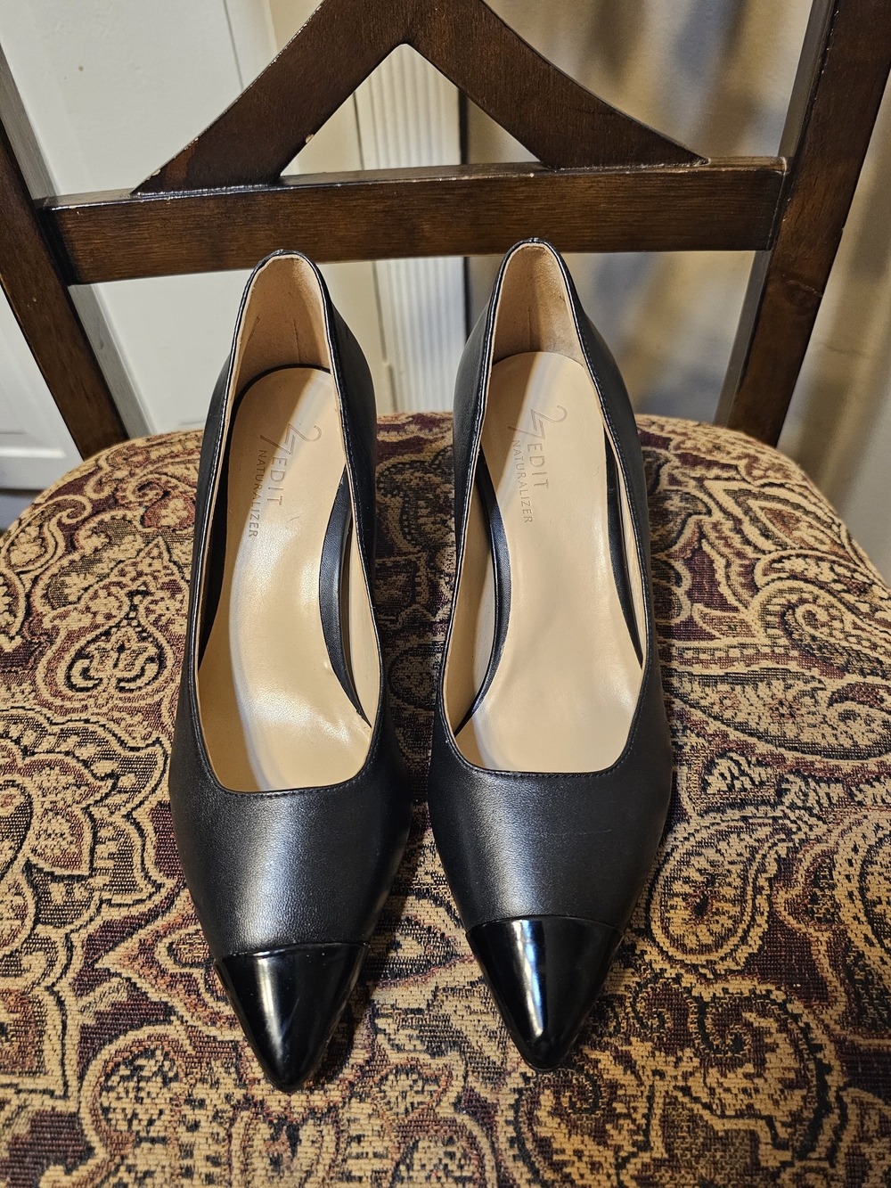 27 EDIT Black Pointed Toe Pumps with Glossy Black Cap
